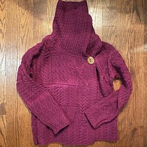 Aran Women's Burgundy Merino Wool Cable Knit Sweater Cardigan. Made in Ireland